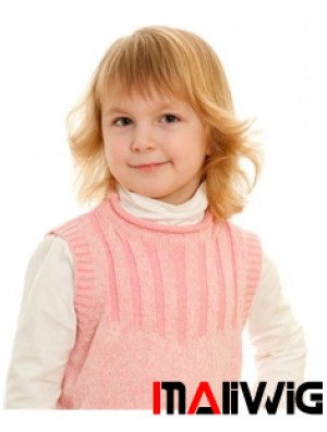 Wavy Shoulder Length Blonde Remy Human Hair 100% Hand-tied Kids Wigs