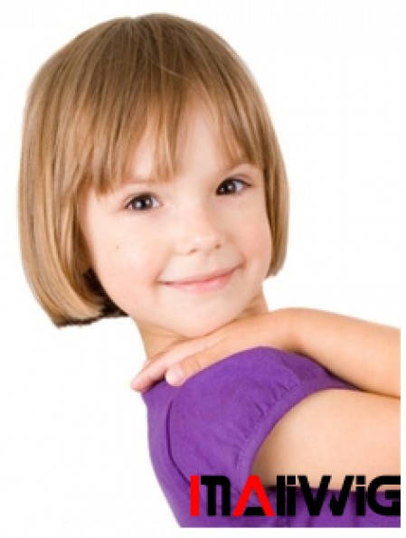 Straight Short Blonde Remy Human Hair 100% Hand-tied Kids Wigs