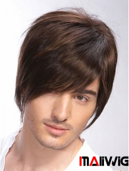 100% Hand Tied Brown Remy Human Short Straight Wigs Man