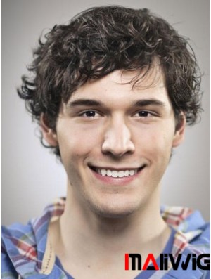 Capless Layered Curly Synthetic Short Black Wigs For Bald Men