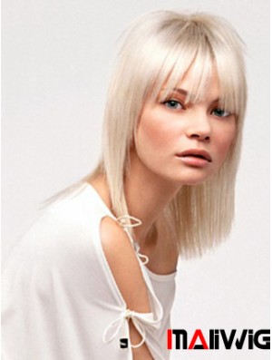 Lace Front With Bangs Shoulder Length Straight 14 inch Platinum Blonde No-Fuss Fashion Wigs