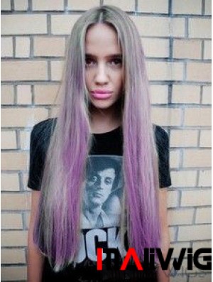 Fashionable Ombre/2 Tone Long Straight Without Bangs 28 inch Human Lace Wigs