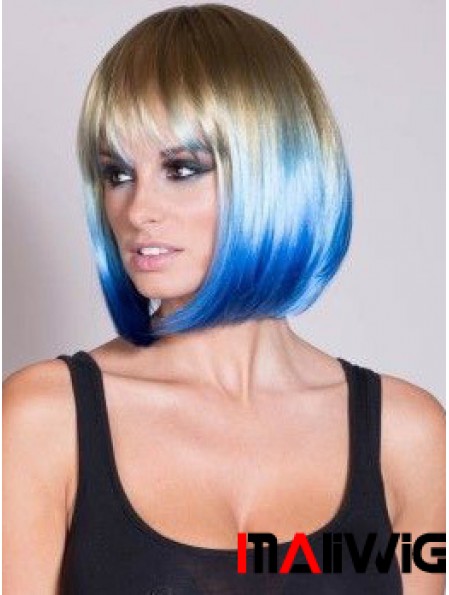 Discount Ombre/2 Tone Short Straight With Bangs 14 inch Human Lace Wigs