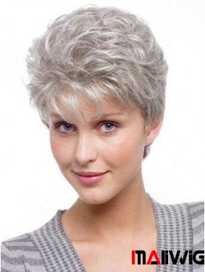Light Weight Wigs For Elderly Lady With Synthetic Grey Cut Wavy Style