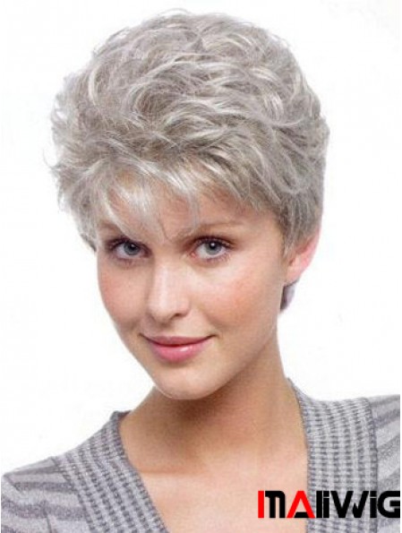 Light Weight Wigs For Elderly Lady With Synthetic Grey Cut Wavy Style