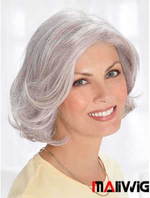 Natural Grey Short Wig Remy Human Wavy Style Chin Length With Capless