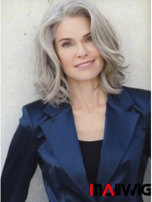 Human Hair Lace Front 14 inch Shoulder Length Grey Wigs