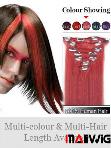 Comfortable Red Straight Remy Human Hair Clip In Hair Extensions